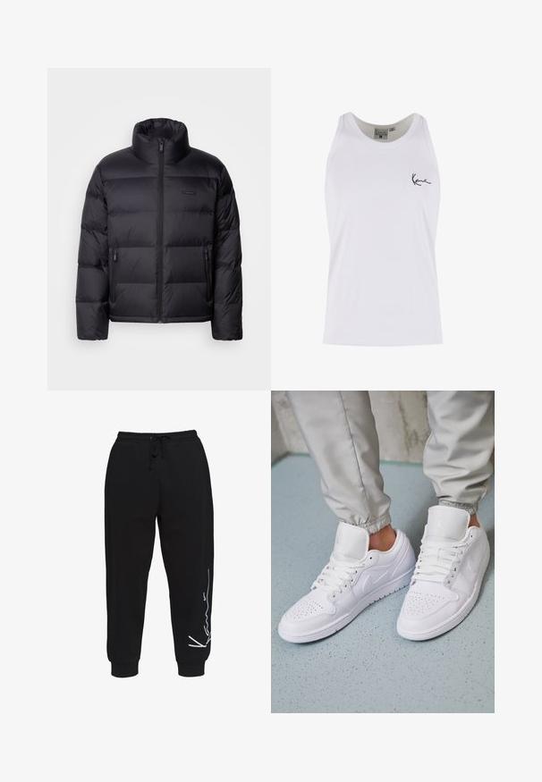 Calvin Klein PUFFER - Páperová bunda - black; Biele bavlnené tielko so žebrovanou textúrou; na ľavej strane na hrudi je čierne vyšívané logo. Klasický bezrukávový dizajn.; Čierne tepláky vyrobené z bavlny, so elastickým pásom na šnúrku, zužujúcimi nohavicami a bielym logom na ľavej strane.; Biele kožené tenisky majú perforovaný špičku, ploché šnúrky, polstrovaný golier a logo Jordana na jazyku. Nosia sa s šedými joggermi.