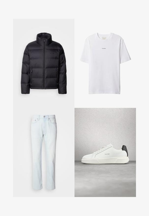 Calvin Klein PUFFER - Doudoune - black; T-shirt blanc en coton avec un col rond et des manches courtes. Présente un petit logo noir "Calvin Klein" centré sur la poitrine.; Jean en denim bleu clair avec une coupe droite. Présente une fermeture à bouton et des passants de ceinture, mettant en valeur une texture décolorée et des coutures minimalistes.; Baskets blanches avec une tige en cuir lisse, des lacets plats et une semelle blanche surélevée. Présente un accent noir au talon et un logo embossé.