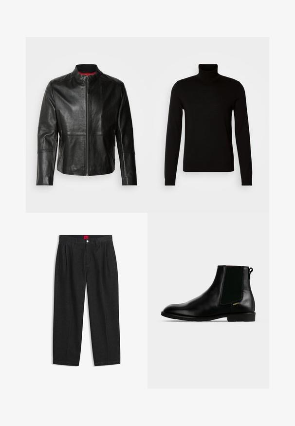 Chaqueta de cuero negra con cuello alto, cremallera frontal y dos bolsillos laterales con cremallera. Textura suave con detalles de costura.; Suéter negro de cuello alto confeccionado en un tejido de punto fino, con mangas largas y una silueta ajustada. Textura suave con puños acanalados.; Pantalones negros de talle alto con pliegues delanteros, trabillas para cinturón, cierre con botón y cremallera, y una etiqueta roja en el interior de la cintura.; Botín de cuero negro con panel lateral elástico, tacón bajo, lengüeta trasera y pequeño logo dorado "HUGO" en el lateral exterior.