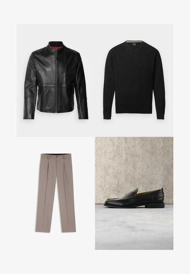 Chaqueta de cuero negra con cuello alto, cremallera frontal y dos bolsillos laterales con cremallera. Textura suave con detalles de costura.; Suéter negro de manga larga con cuello en V, puños y bajo acanalados, con un sutil logo "BOSS" en el pecho izquierdo.; Pantalones de hombre a medida de color marrón claro con trabillas para cinturón, pliegues, botón frontal y cremallera, colocados planos sobre un fondo blanco.; Mocasín de cuero negro para hombre con empeine grabado en relieve de cocodrilo y tacón bajo, mostrado de perfil sobre un fondo neutro.