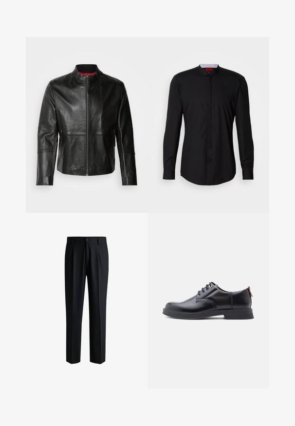Veste en cuir noir avec col montant, fermeture éclair à l'avant et deux poches zippées sur les côtés. Texture lisse avec des détails cousus.; Chemise noire à manches longues avec col mandarin, confectionnée dans un tissu lisse, dotée d'une patte de boutonnage à l'avant et de détails de design subtils.; Pantalons noirs en tissu lisse, avec une coupe droite, des plis à l'avant et une fermeture à bouton avec passants de ceinture.; Chaussures en cuir noir à lacets avec une texture lisse, un bout arrondi et des détails de couture discrets. Présentent une languette rouge à l'arrière.