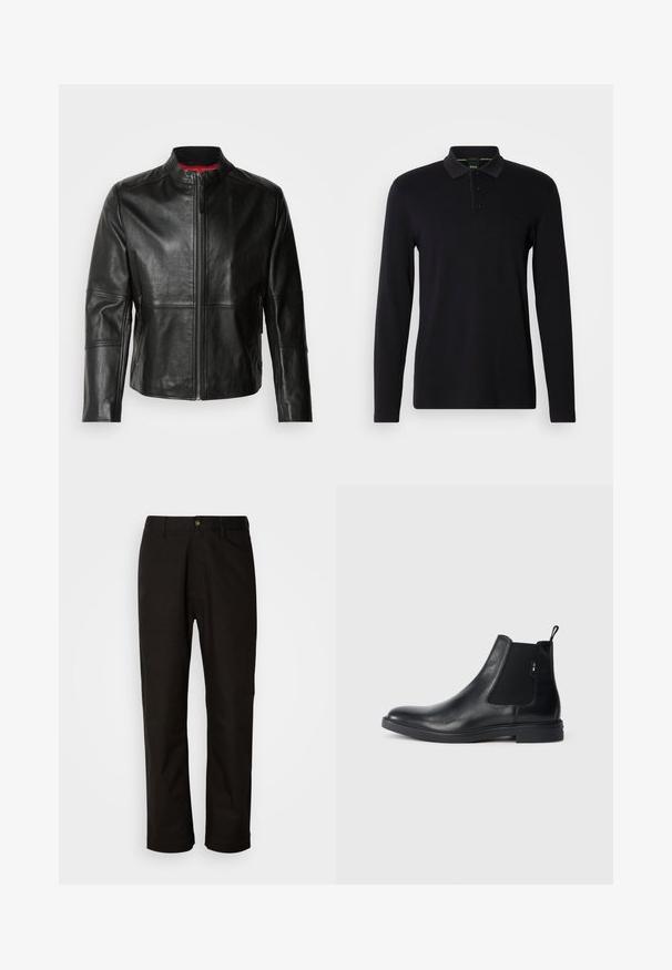 Chaqueta de cuero negra con cuello alto, cremallera frontal y dos bolsillos laterales con cremallera. Textura suave con detalles de costura.; Polo negro de manga larga hecho de tela suave. Cuenta con un cuello, una tapeta con tres botones y un sutil logo en el pecho.; Pantalones de algodón negros con corte recto, presillas para el cinturón, cremallera frontal y un solo botón de cierre. Textura suave sin patrones visibles.; Botines Chelsea de cuero negro con paneles elásticos laterales, una pestaña para tirar y una suela de goma plana. Textura suave con un detalle mínimo.