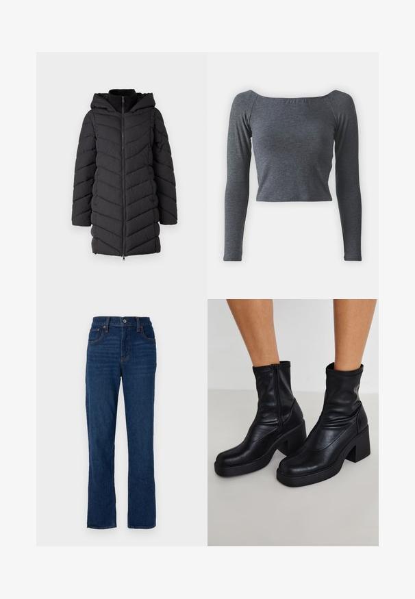 Veste rembourrée noire avec capuche, dotée d'un zip frontal, d'un motif de couture en chevrons et de manches longues. Fabriquée en tissu léger et texturé.; Crop top gris à manches longues, fabriqué dans un tissu doux, avec un décolleté carré et une coupe ajustée. Pas de motifs ni d'ornementations visibles.; Jean droit en denim bleu foncé avec un design à cinq poches, des coutures orange et une fermeture à bouton au niveau de la taille.; Bottines noires en cuir avec un haut talon carré, dotées d'une fermeture éclair sur le côté, d'une texture lisse et d'un design de pointe effilée.