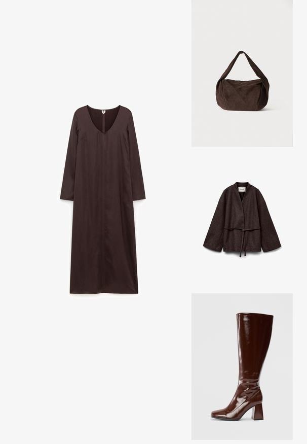 Veste ouverte en laine marron avec manches larges et une fine ceinture nouée à la taille, étiquette "AWARE" à l'intérieur du col.; Robe longue marron foncé en tissu lisse, avec un profond décolleté en V, des manches longues et une coupe droite avec un détail de couture centrale.; Bottes en cuir verni marron jusqu'aux genoux avec un bout carré, finition brillante et un talon épais pour la stabilité. Design sans couture sans matériel visible.; Sac à bandoulière en daim brun foncé souple avec une large sangle et une forme rectangulaire arrondie et décontractée sur un fond clair uni.