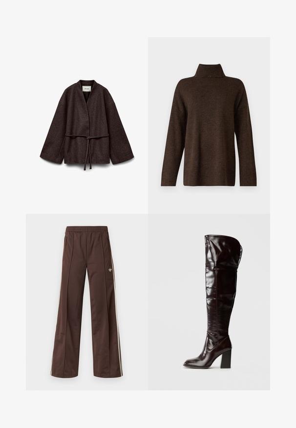 Brun ulden jakke med åben front, brede ærmer og tyndt bælte bundet i taljen, med mærket "AWARE" indeni kraven.; Brun strikket sweater med høj ribkant, brede ærmer og en blød tekstur. Har en afslappet pasform og ribbede detaljer på ærmerne.; Brune atletiske bukser med vidde ben, hvide striber på siden, elastisk linning og to sidelommer. Har et lille logo på benet.; Knæhøje, blanke bordeauxrøde læderstøvler med firkantet tå og blokhæl, der har et løstsiddende design og minimale syningsdetaljer.