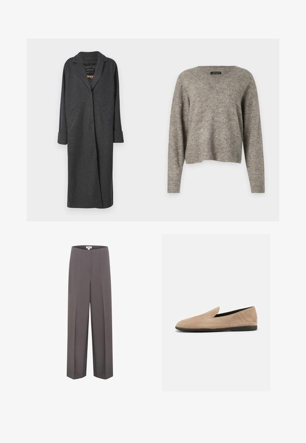 Lang grå frakke lavet af uldblanding, med en notch-krave, to forlommer og op-rullede ærmer. Glat tekstur og skræddersyet design.; V-hals, langærmet sweater i lysegrå strikket stof med ribbet kant. Let vægt, let cropped design med afslappet pasform.; Grå vide bukser med en glat tekstur, der har flad front og ingen synlige lommer, lavet af letvægtsstof.; Beige ruskind slip-on loafer med sort sål, lav hæl og rund tå, vist fra siden på hvid baggrund.