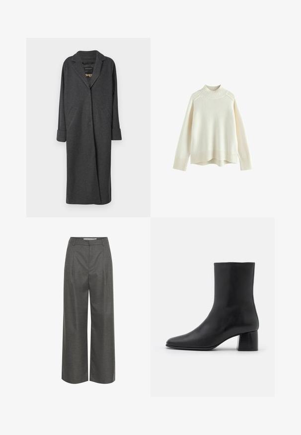 Langer grauer Mantel aus Wollmischung, mit Reverskragen, zwei vorderen Taschen und hochgekrempelten Ärmeln. Glatte Textur und maßgeschneiderter Schnitt.; Cremfarbener Pullover mit einem gerippten Stehkragen, langen Ärmeln und lockerer Passform. Strukturiertes Strickmaterial und gerippte Saumdetails am unteren Rand.; Graue weite Hosen aus strukturiertem Stoff, mit hoher Taille und vorderen Falten, ohne sichtbare Taschen oder metallische Details.; Schwarze Leder-Ankle-Boots mit spitzer Zehenpartie und einem klobigen, quadratischen Absatz. Glatte Textur mit nahtlosem Design und minimalistischem Nähen.
