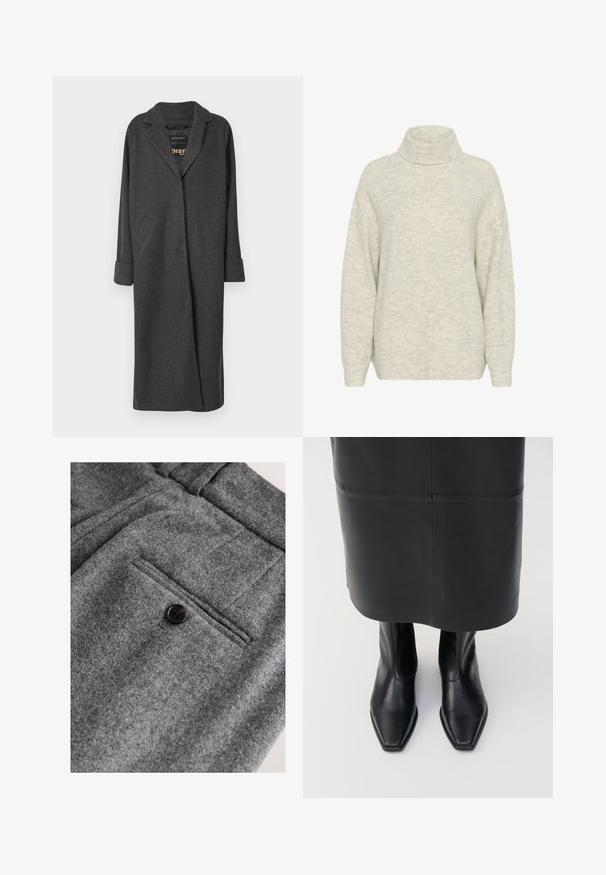 Langer grauer Mantel aus Wollmischung, mit Reverskragen, zwei vorderen Taschen und hochgekrempelten Ärmeln. Glatte Textur und maßgeschneiderter Schnitt.; Hellgrauer Rollkragenpullover aus weichem Strickmaterial. Bietet eine lockere Passform, raglanähnliche Schultern und gerippte Bündchen.; Graue Wollhose mit flacher Vorderseite, einer einzigen Gesäßtasche mit schwarzem Knopf und einer weichen, strukturierten Oberfläche.; Schwarze Lederstiefel mit hohem Schaft und quadratischer Zehenform sowie seitlichem Reißverschluss. Glatte Textur und minimales Zubehör; kombiniert mit einem schwarzen Lederrock.