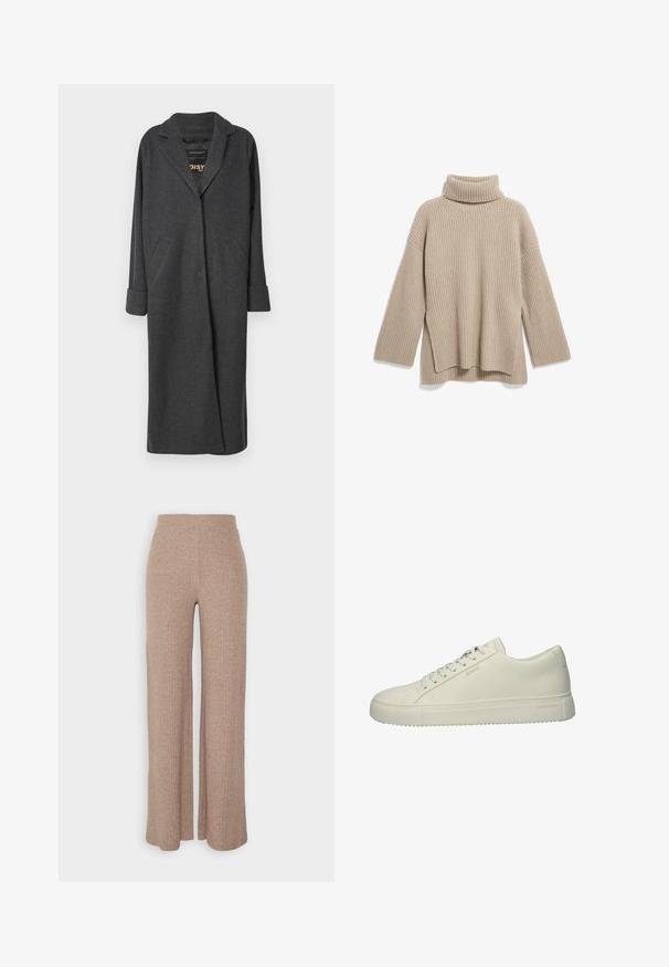 Lang grå frakke lavet af uldblanding, med en notch-krave, to forlommer og op-rullede ærmer. Glat tekstur og skræddersyet design.; Beige rillede turtleneck sweater med en afslappet pasform, der har lange ærmer og en sideslidskant, lavet af et blødt, tekstureret strikstof.; Beige ribbede vide bukser med høj talje og blød tekstur, der har en løs pasform og ingen synlige lukninger.; Hvide lædersneakers med en glat overflade, rund tå og flad sål. Har et rent design, ensartede snørebånd og subtil branding på siden.