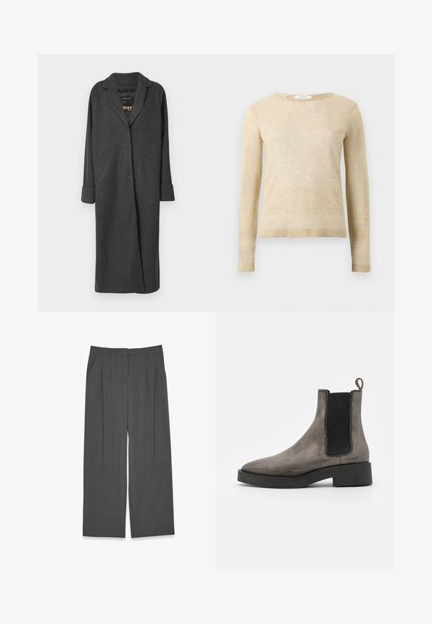 Lang grå frakke lavet af uldblanding, med en notch-krave, to forlommer og op-rullede ærmer. Glat tekstur og skræddersyet design.; Beige langærmet sweater med rund hals, ribbede manchetter og kant, lavet af blødt strikket stof, præsenteret på hvid baggrund.; Grå vid benbukser lavet af et glat stof, med folder foran og sidelommer. Simpelt design med en struktureret pasform.; Grå læder chelsea støvle med tekstureret finish, elastiske sidedele, hængestrop og sort gummisål. Slank, taperet design med minimale accenter.