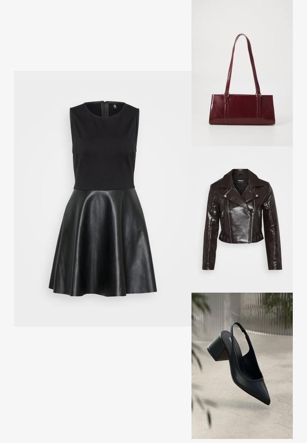 Chaqueta corta de cuero sintético marrón con cremalleras plateadas, cuello ancho y mangas largas. Presenta bolsillos con cremallera diagonales y verticales.; Vestido negro con un top ajustado sin mangas de tela suave y una falda de cuero brillante y acampanada. Presenta un cierre de cremallera en la parte posterior.; Zapato de tacón slingback de cuero negro con punta afilada y tacón cuadrado. Textura suave, diseño minimalista y correa ajustable en el tobillo.; Bolso burdeos hecho de material brillante, de forma rectangular, con dos asas para el hombro y sutiles acentos curvados en la parte frontal.