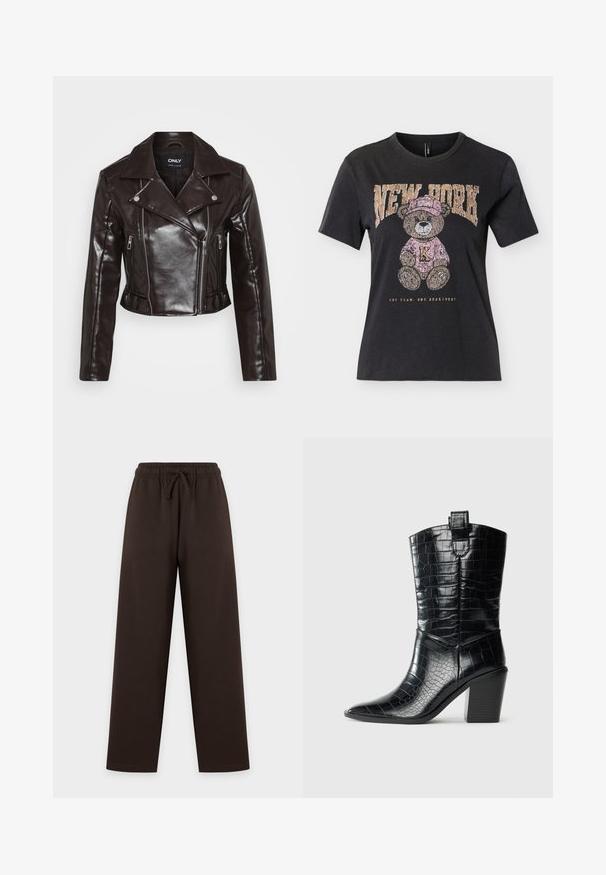 Chaqueta corta de cuero sintético marrón con cremalleras plateadas, cuello ancho y mangas largas. Presenta bolsillos con cremallera diagonales y verticales.; Camiseta negra de manga corta con un osito de peluche que lleva un sombrero rosa y un suéter, texto "NEW YORK" arriba y "ONE TEAM. ONE HEARTBEAT." abajo.; Pantalón de pierna ancha en marrón oscuro con cintura elástica ajustable mediante cordón, mostrado extendido sobre un fondo claro.; Botas western negras hasta media pantorrilla con punta afilada, tacón de bloque y textura de cuero brillante con estampado de cocodrilo sobre fondo blanco.