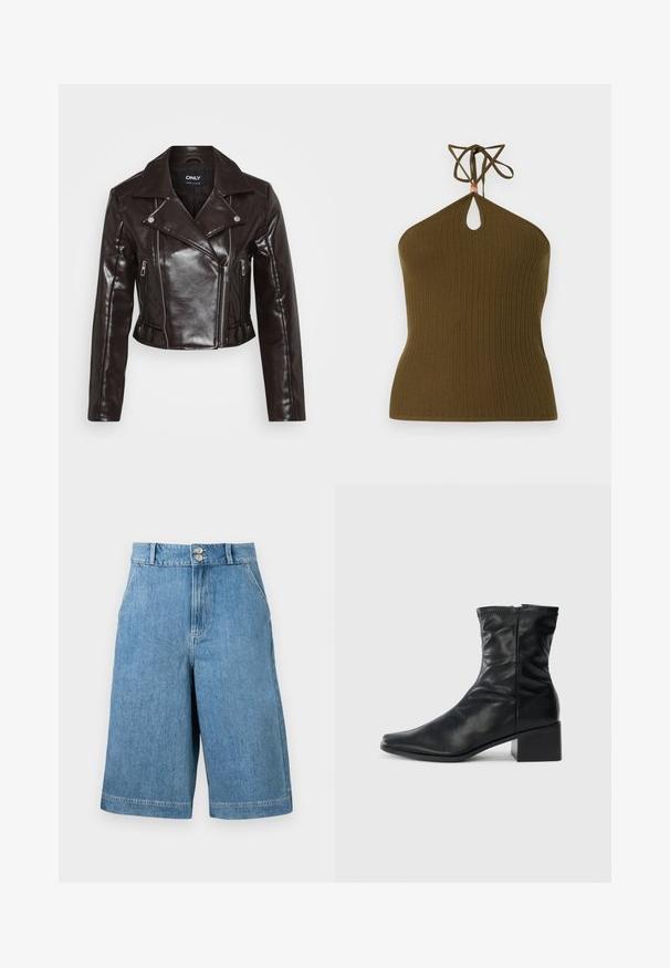 Braune Fake-Leder-Cropped-Jacke mit silbernen Reißverschlüssen, breitem Kragen und langen Ärmeln. Verfügt über diagonale und vertikale Reißverschlusstaschen.; Gestricktes olivgrünes Neckholder-Top mit Rippstruktur, Tropfenausschnitt unter dem Halsausschnitt und Nackenbändern mit kleinem Perlendetail.; Blaue High-Waist-Denim-Shorts mit weitem Bein, zwei Fronttaschen, Gürtelschlaufen und doppeltem Knopfverschluss auf einfarbigem Hintergrund.; Schwarze Lederstiefelette bis zur Wade mit quadratischer Zehenform, seitlichem Reißverschluss und Blockabsatz auf einem schlichten weißen Hintergrund.