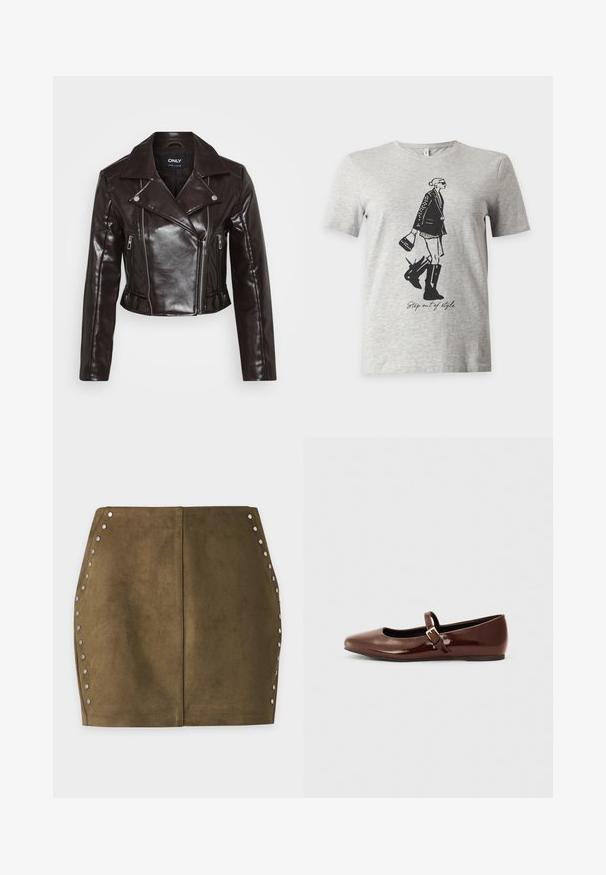 Brun faux læder cropped jakke med sølv lynlåse, bred krave og lange ærmer. Har skrå og lodrette lynlås lommer.; Lysegrå T-shirt med korte ærmer med en sort illustration af en kvinde i støvler og jakke, der holder en taske og teksten "Step out of style."; Mini-nederdel i olivengrønt ruskind med sølvnitter langs de buede sidesømme og en lodret central søm.; Brun patentlæder balletflade med firkantet tå og strop med en lille guldbuckle. Glat tekstur, lav hæl og minimalistisk design.