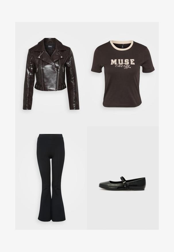 Brun faux læder cropped jakke med sølv lynlåse, bred krave og lange ærmer. Har skrå og lodrette lynlås lommer.; Brun bomulds T-shirt med korte ærmer, en cremefarvet rund halsudskæring, og "MUSE Energy" trykt i beige tekst over brystet.; Sorte flare leggings lavet af strækbart materiale. Har en høj talje og en glat overflade. Slutter med en flared kant.; Sorte læder balletflade med rund tå, flad sål og en tynd justerbar rem over svangen med en metalspænde.