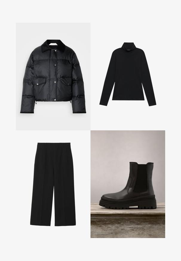 Doudoune noire avec col, fermeture éclair à l'avant, deux poches à rabat et un design matelassé. Fabriquée en matériau léger et brillant.; Turtleneck à manches longues noir. Tissu doux, design près du corps, col montant et coutures latérales. Style simple et polyvalent, idéal pour le superposition.; Pantalons larges noirs en tissu lisse, avec deux poches avant, un devant plat, et une fermeture éclair sur le côté.; Bottine en cuir noir avec une semelle épaisse, des panneaux latéraux élastiqués et une finition lisse. Design surélevé avec des détails de semelle contrastants.