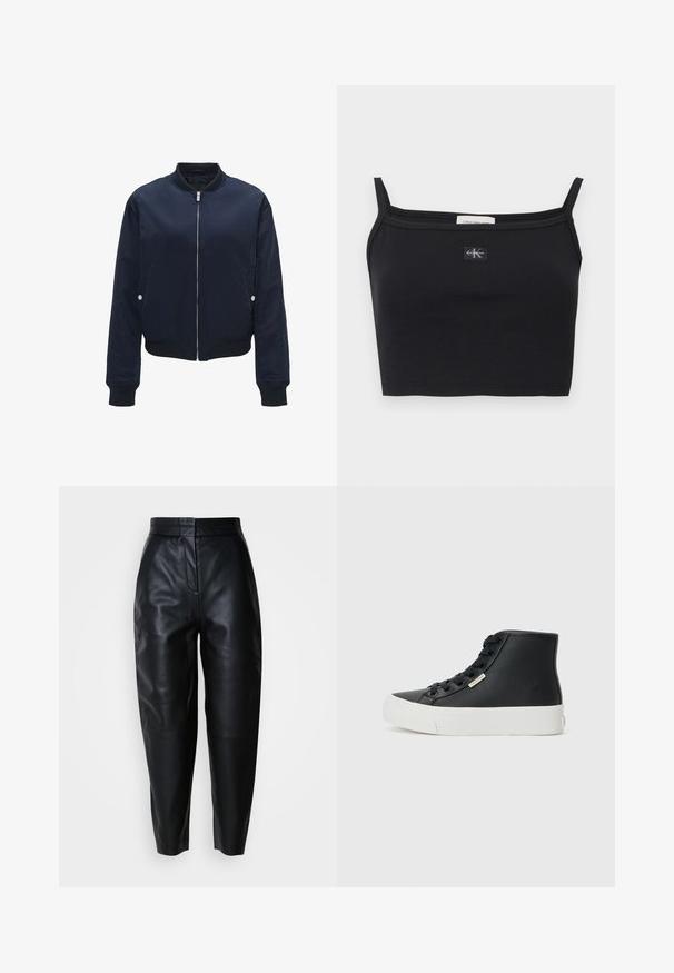 Marineblauwe bomberjack van gladde stof, met een ritssluiting aan de voorkant, ribgebreide manchetten en zoom, zijzakken en accenten in zilver. ; Zwart geribbeld cropped topje met dunne bandjes en een klein Calvin Klein-logo patch in het midden van de borst.; Zwarte high-waisted, taps toelopende leren broek met een ritssluiting aan de voorkant en naaddetails op de knieën, tegen een plain witte achtergrond.; Zwarte hoge sneakers van glad leer met een witte rubberen zool. Voorzien van oogjes voor veters en een klein merksymbool aan de zijkant.