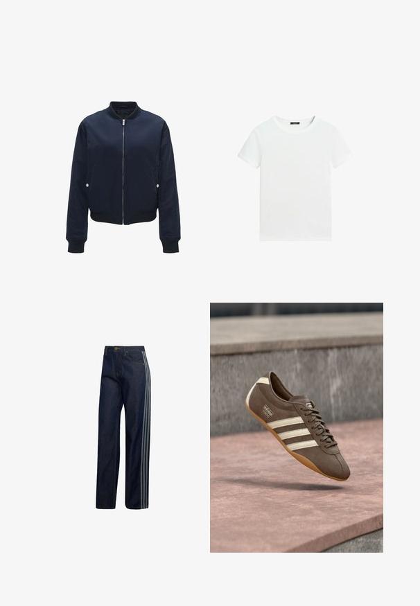Marineblauwe bomberjack van gladde stof, met een ritssluiting aan de voorkant, ribgebreide manchetten en zoom, zijzakken en accenten in zilver. ; Effen wit T-shirt met korte mouwen, een ronde hals en een klein zwart labeltje aan de binnenkant van de kraag.; Donkerblauwe denim jeans met rechte pijpen en drie lichtgrijze strepen aan de buitenkant van elke pijp.; Bruine suède sneaker met witte strepen en merklogo's, voorzien van een ronde neus en een zool van tandgumrubber, zwevend boven een getextureerd oppervlak.