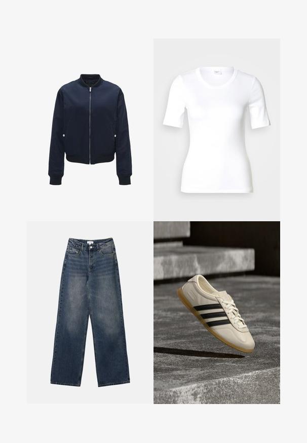 Marineblauwe bomberjack van gladde stof, met een ritssluiting aan de voorkant, ribgebreide manchetten en zoom, zijzakken en accenten in zilver. ; Wit T-shirt met korte mouwen van glad katoen, met een ronde halslijn en een aangesloten pasvorm. Klassiek ontwerp, zonder patronen of accenten.; Heren hoge taille blauwe spijkerbroek met wijde pijpen, vooraan knoop en rits, en voor- en achterzakken.; Witte sneaker met zwarte strepen en rubberen zool zwevend boven betonnen trap in zacht daglicht.