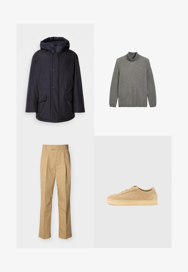 Zwarte gewatteerde jas met een afneembare capuchon, voorzien van knoopsluitingen, twee grote voorzakken en een gladde, waterafstotende buitenkant.; Grijze geribbelde gebreide turtleneck trui met lange mouwen en een aansluitende kraag, weergegeven op een witte achtergrond.; Beige broek van glad katoen met een hoge taille, voorzien van plooien aan de voorkant en rechte pijpen. Geen zichtbare hardware of patronen.; Beige suède lage sneaker met dikke gumzool, vetersluiting aan de voorkant en subtiele zijkant branding op een effen lichtgrijze achtergrond.