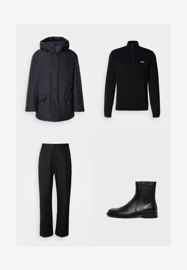 Schwarze gepolsterte Jacke mit abnehmbarer Kapuze, ausgestattet mit Knopfverschluss, zwei großen Fronttaschen und einer glatten, wasserabweisenden Außenseite.; Schwarzer Langarm-Pullover mit halbem Reißverschluss am Kragen, mit Rippstruktur und weißem "BOSS"-Logo auf der Brust. Weiche Stoffverarbeitung.; Schwarze Hosen mit geradem Schnitt, aus leichtem Stoff gefertigt. Verfügt über einen vorderen Knopfverschluss und zwei seitliche Taschen; glatte Textur.; Schwarzer Leder-Knöchelstiefel mit niedrigem Absatz, seitlicher Naht und kleinem "HUGO" Logo am oberen Schaft vor einfarbigem Hintergrund.