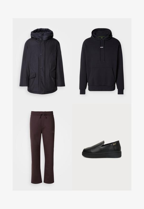 Schwarze gepolsterte Jacke mit abnehmbarer Kapuze, ausgestattet mit Knopfverschluss, zwei großen Fronttaschen und einer glatten, wasserabweisenden Außenseite.; Schwarzer Kapuzenpullover mit einer Fronttasche und weißem "BOSS"-Logo auf der Brust. Hergestellt aus weichem Stoff mit gerippten Bündchen.; Dunkelbraune Jogginghose mit elastischem Bund, Kordelzug, seitlichen Taschen und dem auf dem linken Bein aufgedruckten "HUGO"-Logo. Weiche Textur.; Schwarzer Lederschlupfschuh mit dicker Sohle und kleinen seitlichen Belüftungslöchern, mit goldenem "HUGO"-Logo nahe der Ferse.