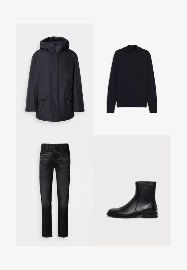 Chaqueta negra acolchada con capucha extraíble, que presenta cierres de botón, dos grandes bolsillos frontales y un exterior liso y resistente al agua.; Jersey negro de manga larga con cuello simulado acanalado, puños y bajo, con un sutil logo en relieve en el pecho.; Vaqueros de mezclilla negra con corte recto, diseño de cinco bolsillos, sutil desgaste y cierre de botones. Estilo clásico adecuado para uso casual.; Botín negro de cuero con tacón bajo, costura lateral y pequeño logo "HUGO" en el puño superior sobre un fondo liso.