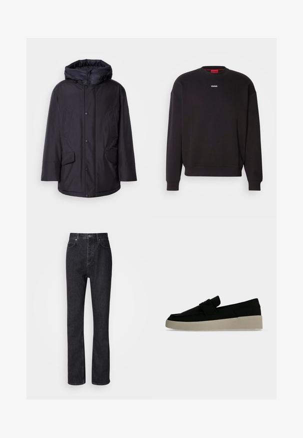 Schwarze gepolsterte Jacke mit abnehmbarer Kapuze, ausgestattet mit Knopfverschluss, zwei großen Fronttaschen und einer glatten, wasserabweisenden Außenseite.; Schwarzes Sweatshirt aus Baumwollmischung mit Rundhalsausschnitt, überschnittenen Schultern und einem kleinen weißen "HUGO"-Logo auf der Brust.; Hochtaillierte schwarze Jeans aus Denim mit Knopf- und Reißverschluss, Vorder- und Hintertaschen sowie einer geraden Passform.; Schwarzer Slip-On-Schuh mit dicker hellbeiger Sohle, niedrigem Absatz und einem Riemendetail über der Oberseite auf einfarbig hellgrauem Hintergrund.