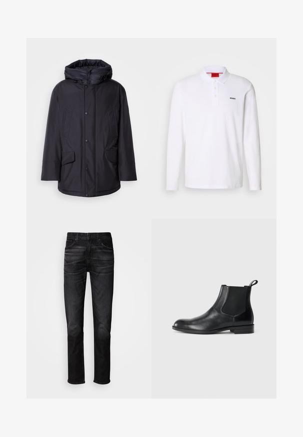 Schwarze gepolsterte Jacke mit abnehmbarer Kapuze, ausgestattet mit Knopfverschluss, zwei großen Fronttaschen und einer glatten, wasserabweisenden Außenseite.; Weißes Langarm-Polohemd aus Baumwolle mit Kragen, Drei-Knopf-Leiste und schwarzem "HUGO"-Logo auf der linken Brust.; Schwarze Jeans aus Denim mit geradem Schnitt, fünf Taschen, dezentem Used-Look und Knopfverschluss. Klassischer Stil, geeignet für legere Trageanlässe.; Schwarze Leder-Stiefelette mit elastischen Seiteneinsätzen, abgerundeter Zehenpartie und einem Zugschlauf. Glatte Textur, flache Sohle, minimalistisches Design.