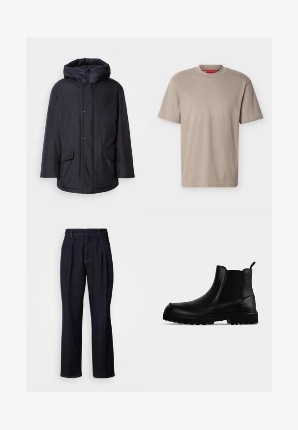 Chaqueta negra acolchada con capucha extraíble, que presenta cierres de botón, dos grandes bolsillos frontales y un exterior liso y resistente al agua.; Camiseta beige de manga corta y cuello redondo con un sutil logo en relieve "HUGO" en el pecho y una etiqueta roja en el interior del cuello.; Jeans de mezclilla de pierna ancha en un tono azul oscuro, con pliegues frontales y costuras naranjas, presentados sobre fondo blanco.; Bota negra de cuero hasta el tobillo con suela texturizada, paneles laterales elásticos y pestaña de tirador sobre fondo gris claro.