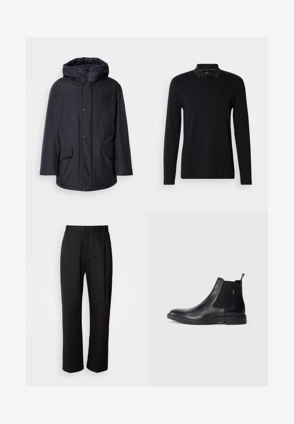 Schwarze gepolsterte Jacke mit abnehmbarer Kapuze, ausgestattet mit Knopfverschluss, zwei großen Fronttaschen und einer glatten, wasserabweisenden Außenseite.; Schwarzes Langarm-Polohemd aus glattem Stoff. Verfügt über einen Kragen, eine Dreiknopfleiste und ein dezentes Logo auf der Brust.; Schwarze Hosen mit geradem Schnitt, aus leichtem Stoff gefertigt. Verfügt über einen vorderen Knopfverschluss und zwei seitliche Taschen; glatte Textur.; Schwarze Leder Chelsea-Boots mit elastischen seitlichen Einsätzen, einer Zugschlaufe und einer flachen Gummisohle. Glatte Textur mit minimaler Ausgestaltung.