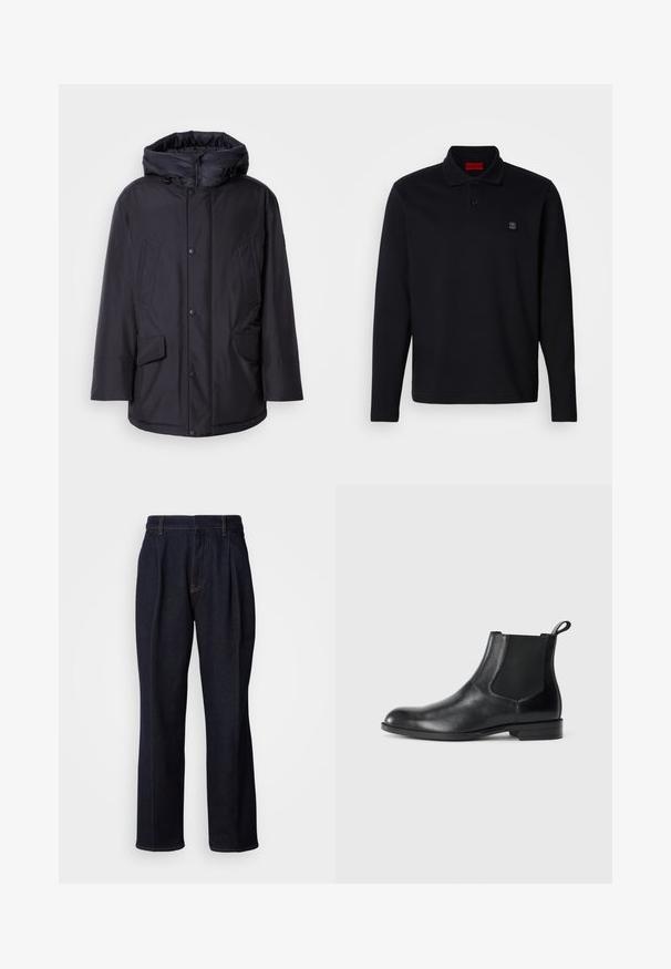 Schwarze gepolsterte Jacke mit abnehmbarer Kapuze, ausgestattet mit Knopfverschluss, zwei großen Fronttaschen und einer glatten, wasserabweisenden Außenseite.; Schwarzes Poloshirt mit langen Ärmeln, einem Kragen, einer Knopfleiste und einem kleinen bestickten Logo auf der linken Brust. Weiche Stoffstruktur.; Dunkelblaue weit geschnittene Jeans mit vorderen Falten und orangen Nähten, auf weißem Hintergrund gezeigt.; Schwarze Leder-Stiefelette mit elastischen Seiteneinsätzen, abgerundeter Zehenpartie und einem Zugschlauf. Glatte Textur, flache Sohle, minimalistisches Design.