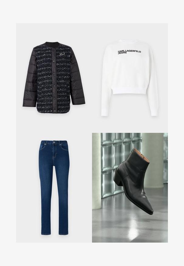 Sort og marineblå polstret jakke med en tekstureret stoffront, der har en knaplukning og logo-broderi. Glatte ærmer og nederkant.; Hvid cropped sweatshirt lavet af fleece, med lange ærmer og rund hals. Sort tryk med teksten "KARL LAGERFELD JEANS" på forsiden.; Mørkeblå denim jeans med slim fit. Funktioner inkluderer en knappet talje, fem lommer og minimale syninger.; Sort læderankelstøvle med spids tå og blokhæl, der svæver over en reflekterende grå gulv nær en væg af glasblokke.