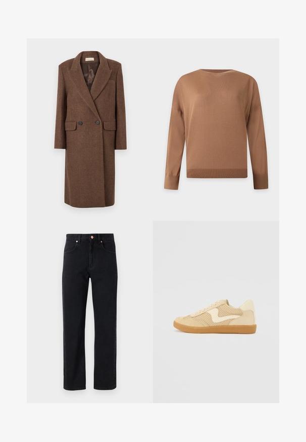 Manteau en laine marron à double boutonnage avec un revers cranté, deux poches avant et boutons noirs, doté d'une doublure intérieure lisse.; Pull marron à manches longues avec col rond, avec poignets et ourlet côtelés, présenté sur un fond clair uni.; Jean en denim noir avec une coupe droite, design cinq poches, détails en bouton cuivré et couture minimale visible.; Sneaker beige avec des matériaux en daim et en maille, forme arrondie, col rembourré proéminent et semelle en caoutchouc gomme. Présente un accent de design en forme de vague.