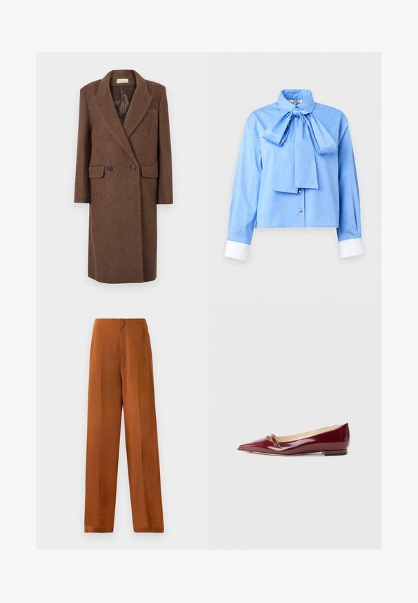 Manteau en laine marron à double boutonnage avec un revers cranté, deux poches avant et boutons noirs, doté d'une doublure intérieure lisse.; Blouse bleu clair à manches longues avec poignets blancs, un grand nœud au col et deux boutons près de l’ourlet au centre devant.; Pantalons à jambes larges d'une couleur brun chaud, avec une texture lisse, une taille haute et des coutures blanches contrastantes le long des coutures.; Ballerines en cuir verni bordeaux avec un bout pointu, présentant un petit détail découpé et un petit talon. Texture lisse et design épuré.