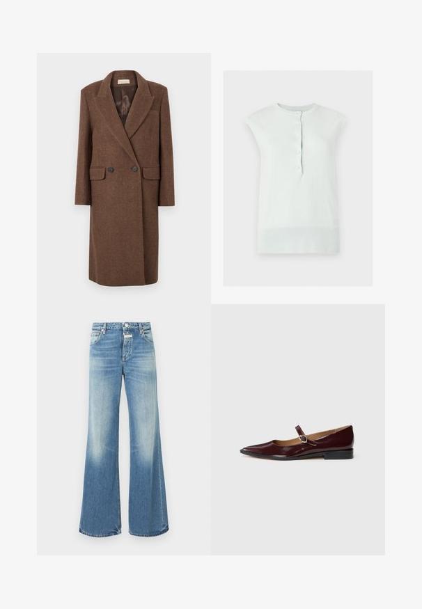 Manteau en laine marron à double boutonnage avec un revers cranté, deux poches avant et boutons noirs, doté d'une doublure intérieure lisse.; Top blanc en maille sans manches avec col et ourlet côtelés, doté d’une patte de boutonnage avant avec cinq boutons.; Jean large bleu clair en denim, présentant un lavage décoloré, un design traditionnel à cinq poches, et des coutures visibles le long des seams.; Ballerines en cuir verni bordeaux de type Mary Jane avec un bout pointu, un talon plat et une sangle décorative avec une boucle circulaire.