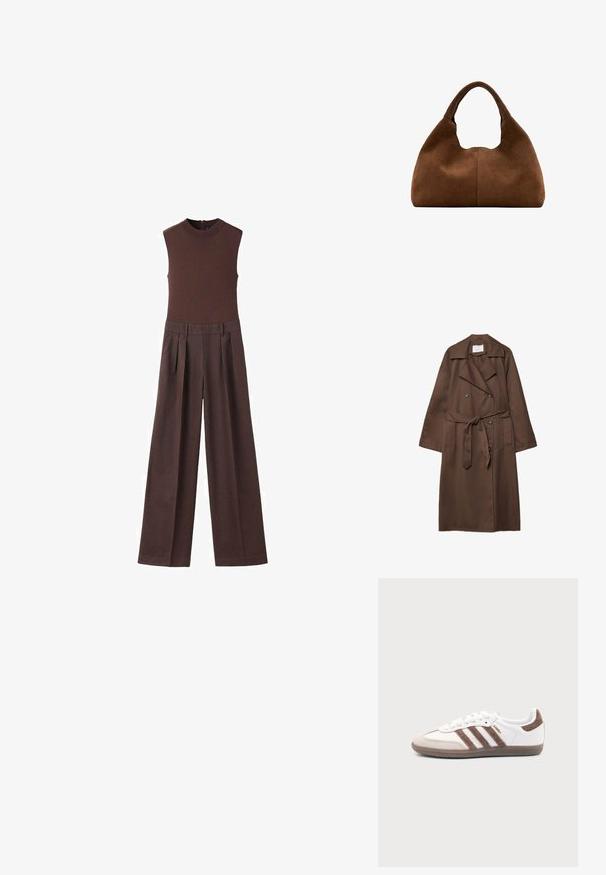 Manteau trench brun avec un design à double boutonnage, grand col, manches longues, ceinture à la taille et deux poches avant. Texture de tissu lisse.; Jumpsuit sans manches marron avec un col haut. Présente des pantalons larges plissés et une texture côtelée sur la partie supérieure. Design simple sans matériel visible.; Baskets Adidas Samba blanches avec des bandes en daim marron, semelle en caoutchouc marron et bout en daim beige, vues du côté extérieur sur un fond uni.; Sac hobo en daim marron avec une anse large et arrondie et une forme souple et décontractée sur un fond blanc.