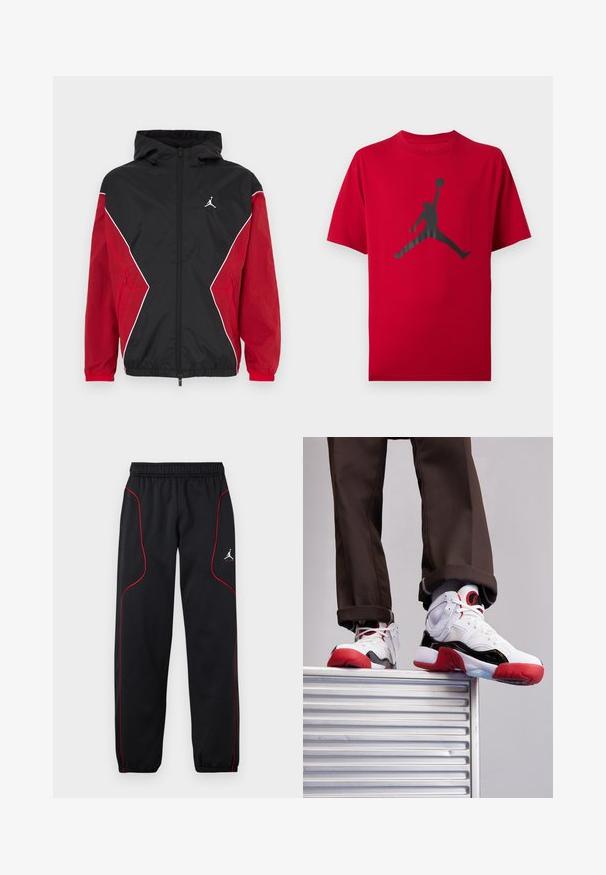 Veste coupe-vent noire et rouge avec capuche, fermeture éclair à l'avant, accents blancs et petit logo sur la poitrine. Tissu doux et léger.; T-shirt rouge à manches courtes avec silhouette noire d’un joueur de basketball sautant, tenant un ballon haut d’une main.; Pantalon de sport noir avec passepoil rouge, taille et poignets élastiques, et petit logo blanc Jumpman sur la cuisse droite.; Baskets de sport blanches et noires avec des accents rouges. Comprend des matériaux en maille et en cuir, un bout arrondi et une semelle en caoutchouc texturée.