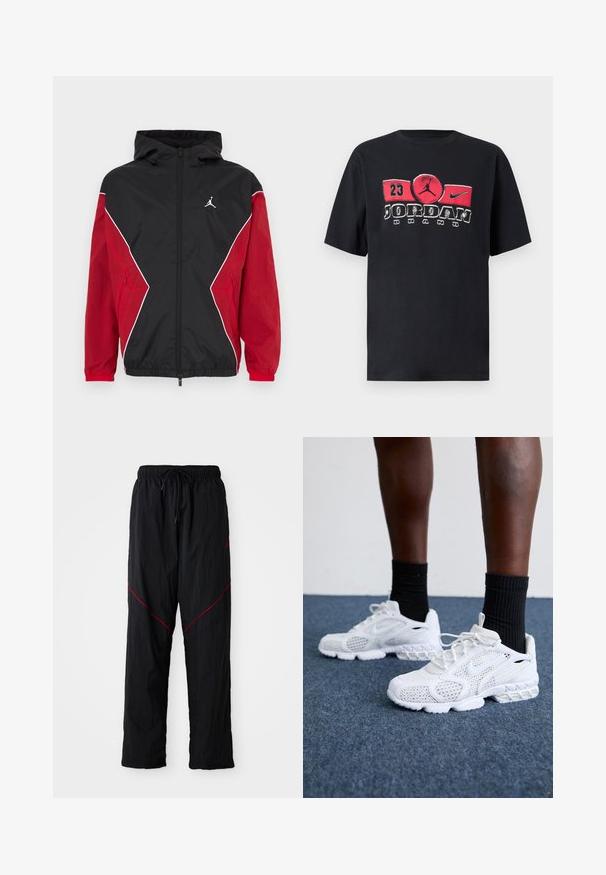 Veste coupe-vent noire et rouge avec capuche, fermeture éclair à l'avant, accents blancs et petit logo sur la poitrine. Tissu doux et léger.; T-shirt en coton noir avec un grand motif rouge et blanc affichant le texte "Jordan Brand" et une icône de basket-ball, manches courtes, col rond.; Pantalons de sport noirs avec une finition texturée, dotés d'une taille à cordon, de lignes d'accent rouge et d'une coupe ample.; Baskets de sport blanches avec dessus en maille, accents texturés et semelle rembourrée. Associées à des chaussettes côtelées noires sur une surface en moquette bleue.