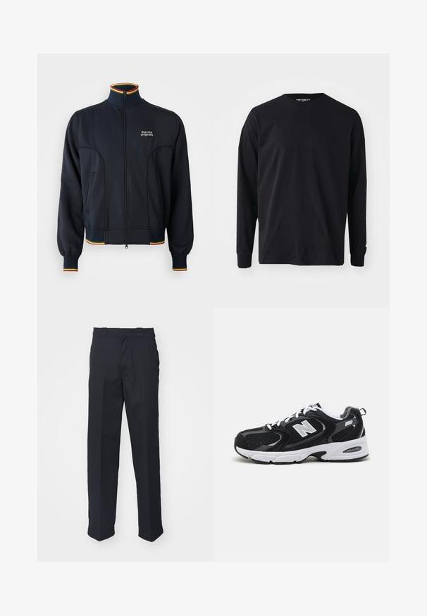 Sort zip-jakke med høj krave, med ribbede manchetter og kant, samt flerfarvet kant i rød, gul og grøn. Logo på brystet.; Sort langærmet t-shirt lavet af bomuld, med rund halsudskæring og lige pasform, samt et lille logodetalje på ærmet.; Sorte skræddersyede bukser med lige ben, fremstillet af glat stof, med et taljebånd med løkker og uden synlige mønstre eller hardware.; Sorte og grå sportssko med mesh og ruskind på overdelen, der har en hvid mellemsål, snørebånd og et iøjnefaldende "N" logo på siden.