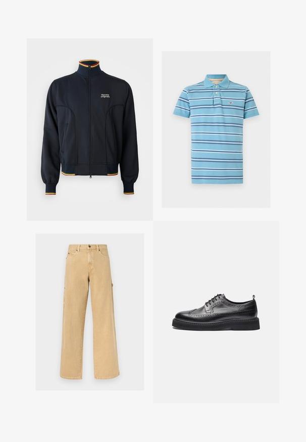 Sort zip-jakke med høj krave, med ribbede manchetter og kant, samt flerfarvet kant i rød, gul og grøn. Logo på brystet.; Lyseblå polo med korte ærmer, navy og hvide horisontale striber, to knapper på placket, og lille rød mågelogo på brystet.; Beige arbejdsbukser med lige ben, bæltestropper, for- og sidelommer samt en hammerløkke på en ensfarvet baggrund.; Sort læder brogue-sko med wingtip-design, perforerede detaljer, snørelukning, tyk sål og trækstrop på hælen, vist fra siden.