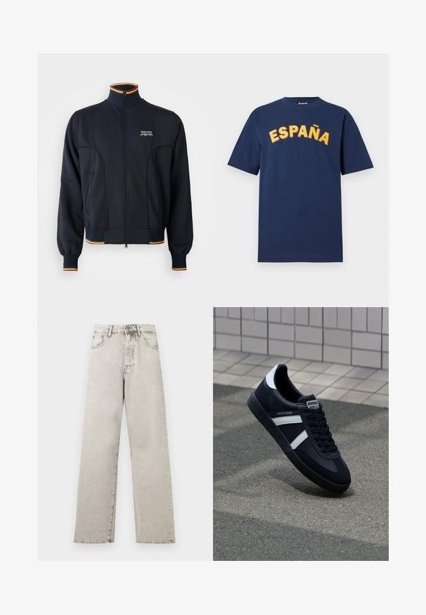 Chaqueta negra con cremallera y cuello alto, con puños y dobladillo acanalados, y ribetes multicolores en rojo, amarillo y verde. Logo en el pecho.; Camiseta azul marino de manga corta con texto amarillo en arco "ESPAÑA" en el pecho.; Jeans de mezclilla gris claro de tiro alto y corte recto, con bolsillos delanteros, trabillas para cinturón y cierre de botón y cremallera.; Zapatilla de cuero negra con rayas blancas, suela de goma texturizada y parte frontal con cordones. Cuenta con una etiqueta de marca en la lengüeta.