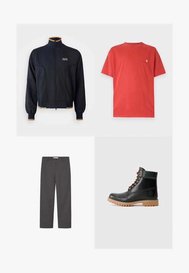 Sort zip-jakke med høj krave, med ribbede manchetter og kant, samt flerfarvet kant i rød, gul og grøn. Logo på brystet.; Rød bomulds-T-shirt med rund hals, korte ærmer og lille gult logo på venstre bryst. Glat tekstur, afslappet design.; WOOD WOOD WWHENRY - Bukser - dark grey melange; Sort læder ankelstøvle med brune snørebånd, polstret grøn krave og tan gummisål med dybe riller, set fra siden på hvid baggrund.