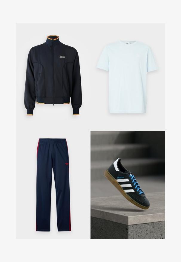 Čierna bunda na zips s vysokým golierom, s rebrovanými manžetami a lemom, a viacfarebným dekorom v červenej, žltej a zelenej farbe. Logo na hrudi.; Svetlomodré bavlnené tričko s krátkymi rukávmi, okrúhlym výstrihom a malým bielym logom na ľavej hornej časti hrude. Mäkká textúra, pohodlný strih.; Námornícky modré športové nohavice s červenými pruhmi na bokoch, elastickým pásom, vreckami so zipsom a červeným logom Adidas trefoil na ľavom stehne.; Čierna teniska Adidas s bielymi pruhmi, modrými šnúrkami a gumovou podrážkou, ktorá sa vznáša nad sivým betónovým schodom v mäkkom svetle.