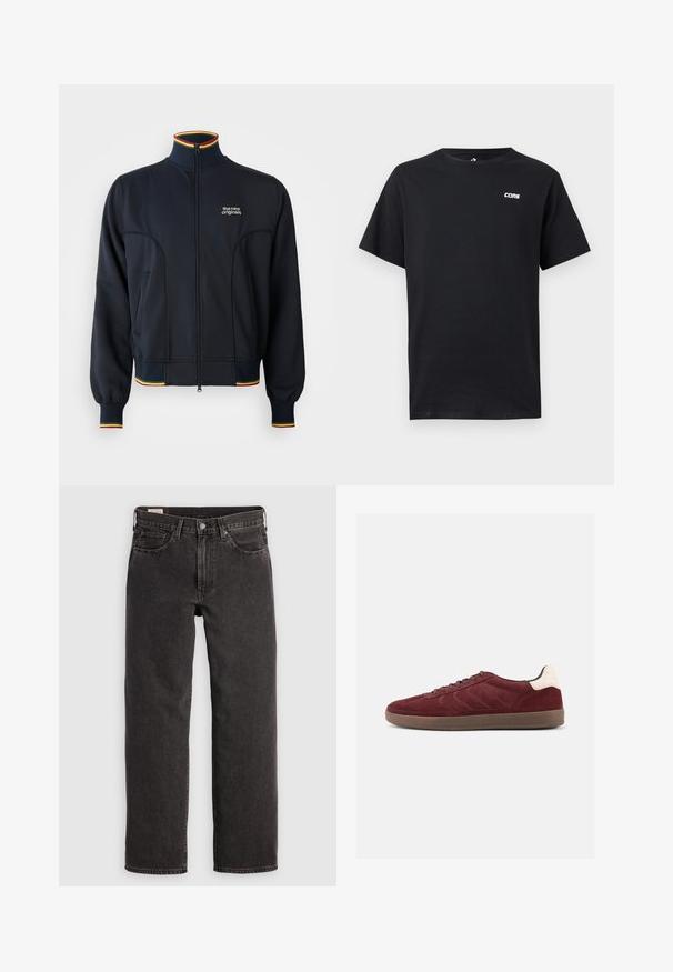 Sort zip-jakke med høj krave, med ribbede manchetter og kant, samt flerfarvet kant i rød, gul og grøn. Logo på brystet.; Sort T-shirt med korte ærmer og lille hvidt "CONS"-logo på øverste venstre bryst, ensfarvet front og rund halsudskæring.; Sorte denim jeans med lige ben, fem lommer og metalbeslag. Stoffet har en let struktur og en ensfarvet finish.; Bordeaux ruskindsneaker med snørelukning foran, tekstureret sideudformning og lysfarvet hælaccents. Gummisål med glat finish.