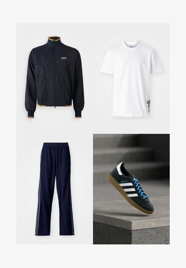 Sort zip-jakke med høj krave, med ribbede manchetter og kant, samt flerfarvet kant i rød, gul og grøn. Logo på brystet.; Hvid bomulds-t-shirt med korte ærmer, rund halsudskæring og et sort Adidas-logo-patch på nedre venstre side. Glat struktur.; Mørkeblå træningsbukser med elastisk talje, der har tre hvide sidestriber og en lige benudskæring. Blød denimtekstur.; Sort Adidas sneaker med hvide striber, blå snørebånd og gummisål, der svæver over gråt betontrin i blødt lys.