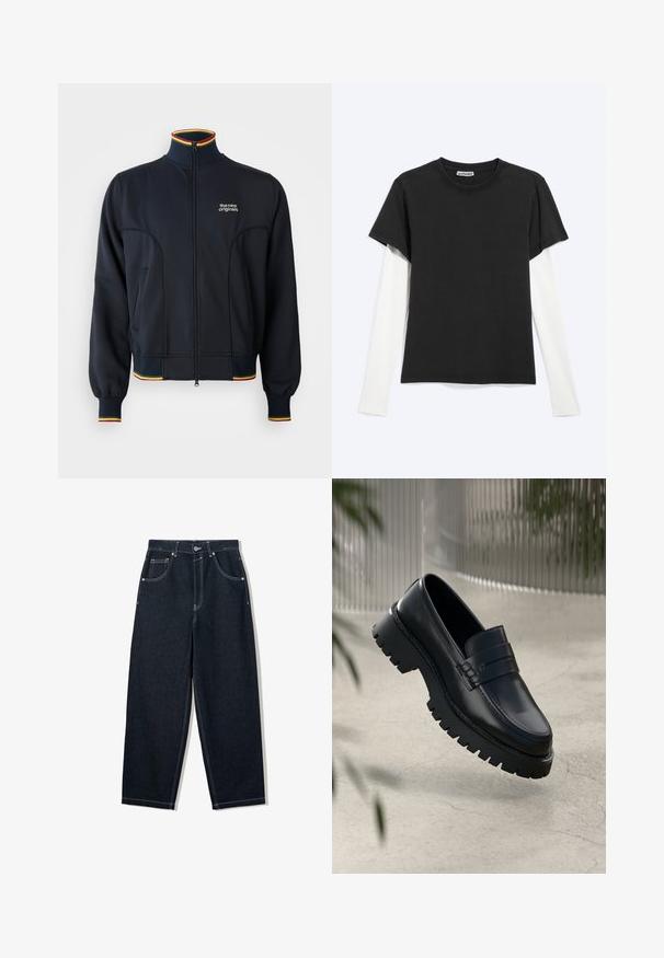 Sort zip-jakke med høj krave, med ribbede manchetter og kant, samt flerfarvet kant i rød, gul og grøn. Logo på brystet.; Sort T-shirt med korte ærmer lagdelt over en hvid skjorte med lange ærmer, fladt lagt på en lysegrå baggrund med WEEKDAY-mærket synligt inde i kraven.; Mørke indigo straight-leg jeans med hvide kontrastsømme, fem-lomme-design og metalknaplukning ved taljen.; Sorte læder loafers med en chunky sål, der har en dekorativ rem og syninger. Glat tekstur med en poleret overflade.