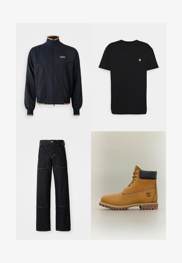 Sort zip-jakke med høj krave, med ribbede manchetter og kant, samt flerfarvet kant i rød, gul og grøn. Logo på brystet.; Sort bomulds t-shirt med korte ærmer, rund halsudskæring og et lille gult logo på venstre brystområde. Enkel design og almindelig pasform.; Mørkeblå denimbukser med lige ben, der har gule stikninger og forlommer. Stoffet ser solidt og struktureret ud.; Brun læderankelstøvle med sort krave, gule snørebånd og tanfarvet sål. Har logo og hvide syninger som detalje. Robust ydersål med greb.