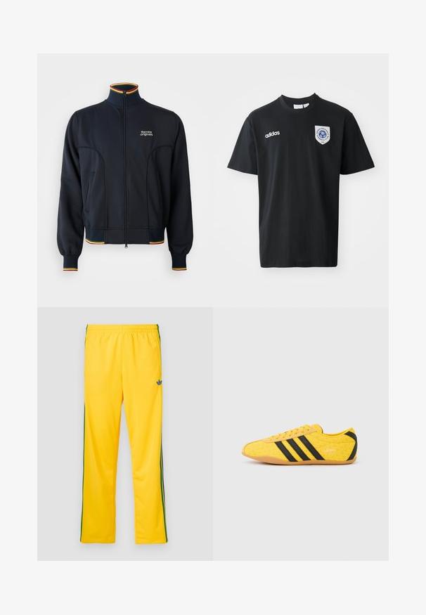 Sort zip-jakke med høj krave, med ribbede manchetter og kant, samt flerfarvet kant i rød, gul og grøn. Logo på brystet.; Sort kortærmet t-shirt lavet af bomuld, med rund hals. Indeholder hvidt Adidas-logo og et mærke med et blåt emblem på venstre bryst.; Gule sportbukser med elastisk talje, der har grønne striber på siden og en lille blå logo på venstre lår. Glat stoftekstur.; Gul atletiksko med en tekstureret overdel, der har sorte striber og logo. Rundt tå, blød sål og zigzag-mønster på materialet.