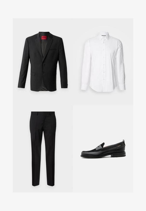 Blazer negro hecho de tela suave, con dos botones frontales, solapas con muesca y un bolsillo en el pecho. Etiqueta visible en el interior del cuello.; Camisa blanca de manga larga hecha de tejido suave, con un cuello clásico y diseño de botones en la parte delantera, con un dobladillo curved. Los botones tienen un acabado ligeramente brillante.; Pantalones negros de corte ajustado, hechos de una tela suave, con pernera recta, detalles de pinzas refinadas y una cinturilla clásica con ojales para cinturón.; Mocasín de cuero negro con detalle de tira gris, tacón bajo y suela texturizada, con la marca "HUGO" en oro en el lateral.
